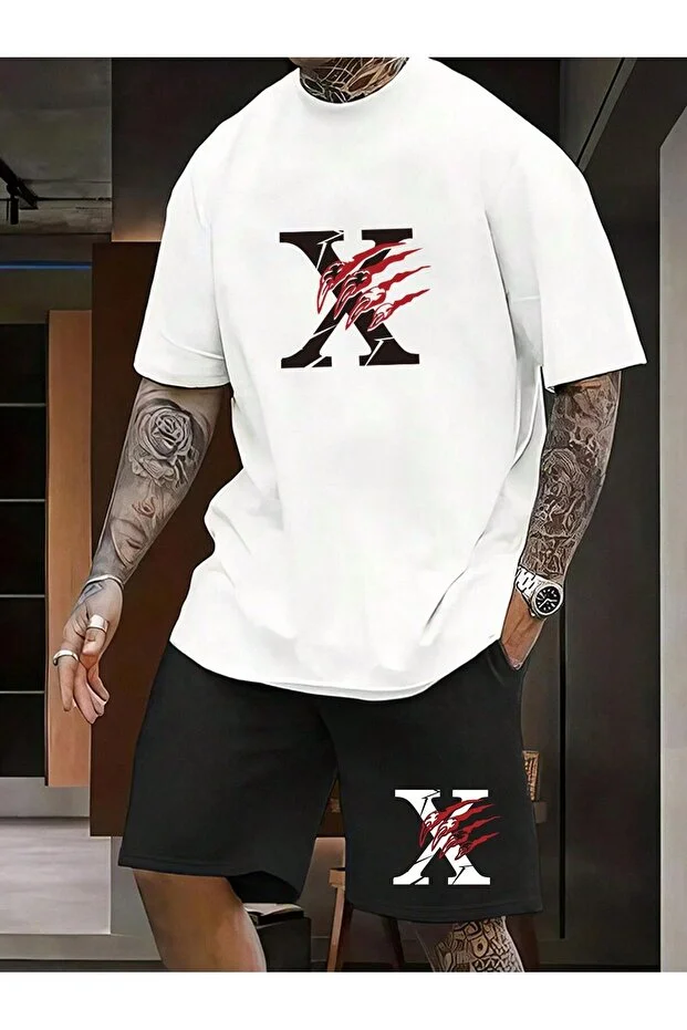 Erkek Baskılı Bisiklet Yaka Oversize T-shirt & Şort Alt Üst Takım